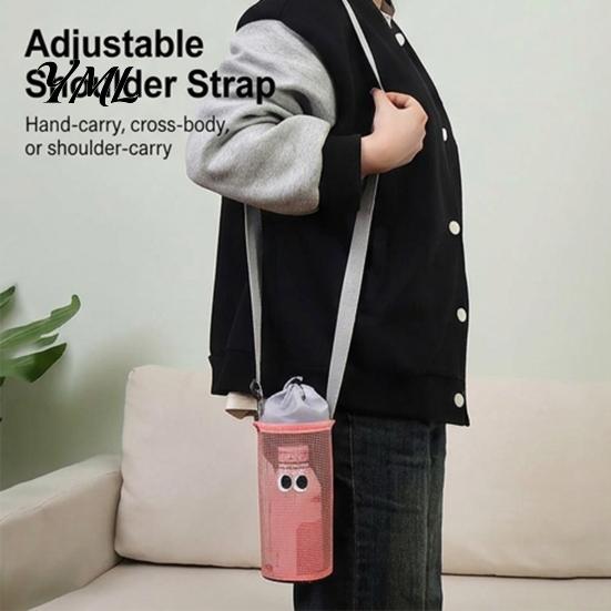Outdoor Travel Bottle Accessory Mesh Drawstring Crossbody Cup Holder, Adjustable Strap Breathable Water Carrier Sling Bag, Cute Cartoon Pattern Pouch