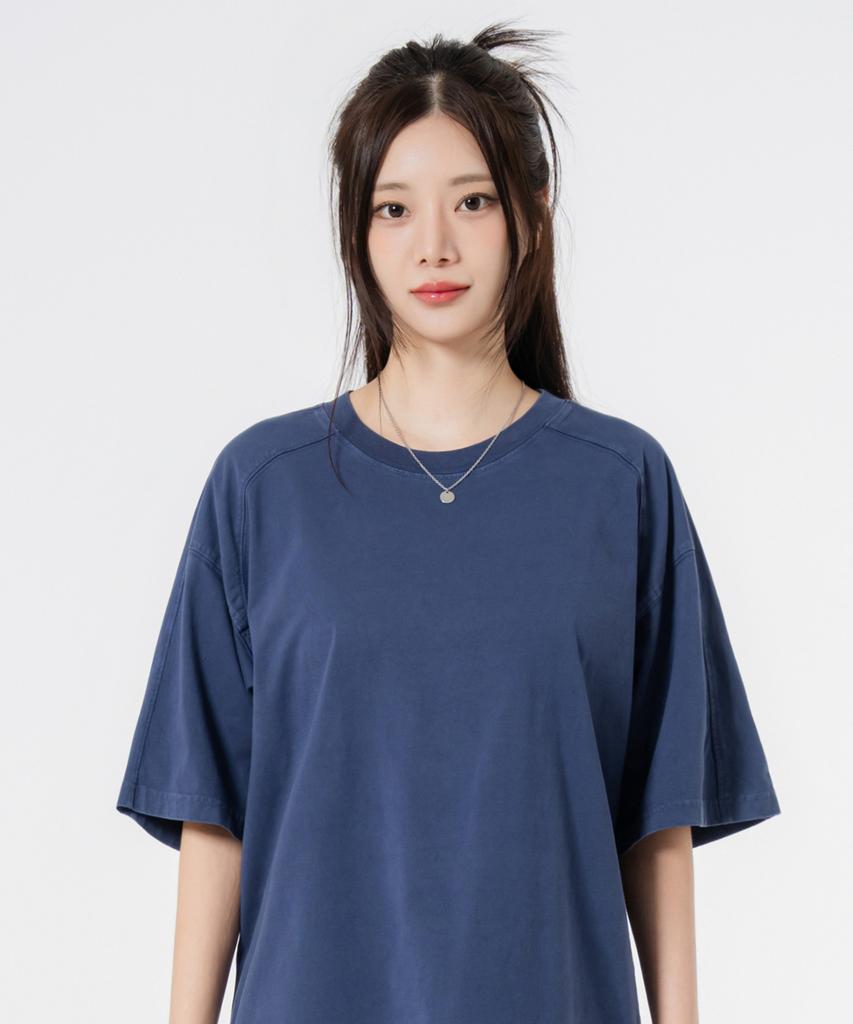 MOZMOZ Shoulder Cutout Plain Oversized Pigment Short Sleeve T-Shirt Blue