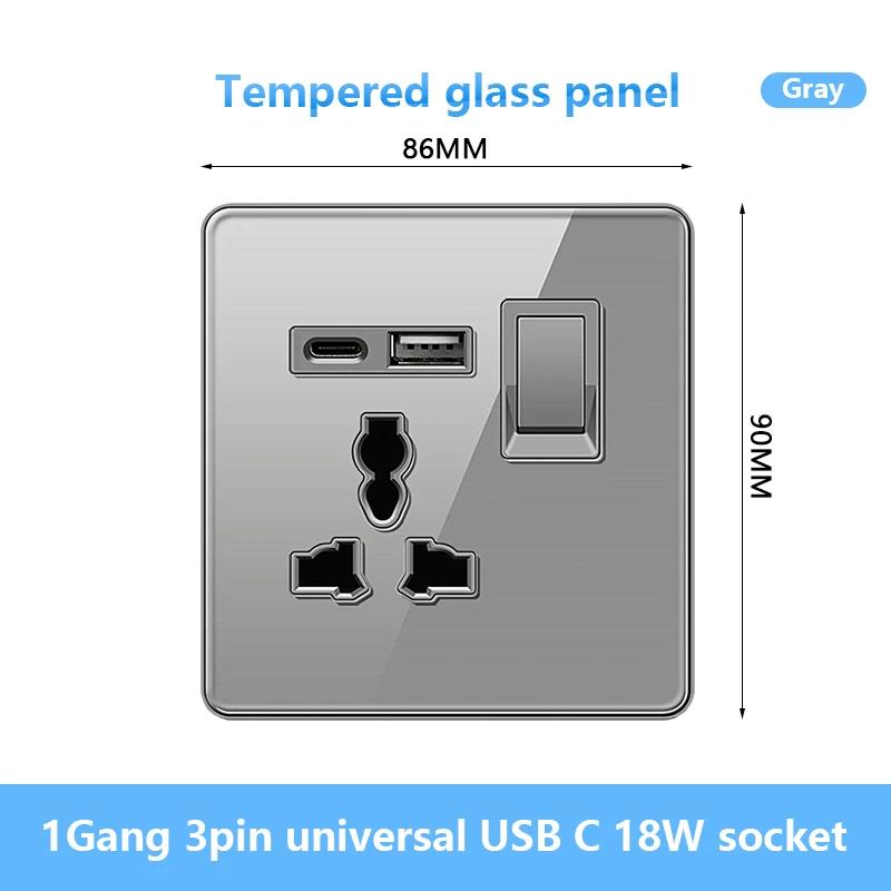 Универсальная настенная розетка Type-C мощностью 18 Вт с портами USB, быстрая зарядка, панель из закаленного стекла, розетка питания, стандарт Великобритании, двойная зарядная розетка USB