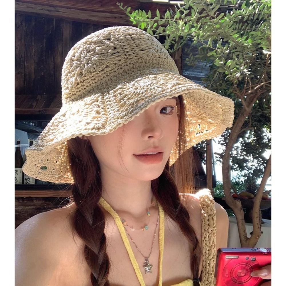 Fashion UV Protection Sunscreen Straw Hats Foldable Breathable Bucket Cap Lightweight Crochet Sun Cap Female Fashion