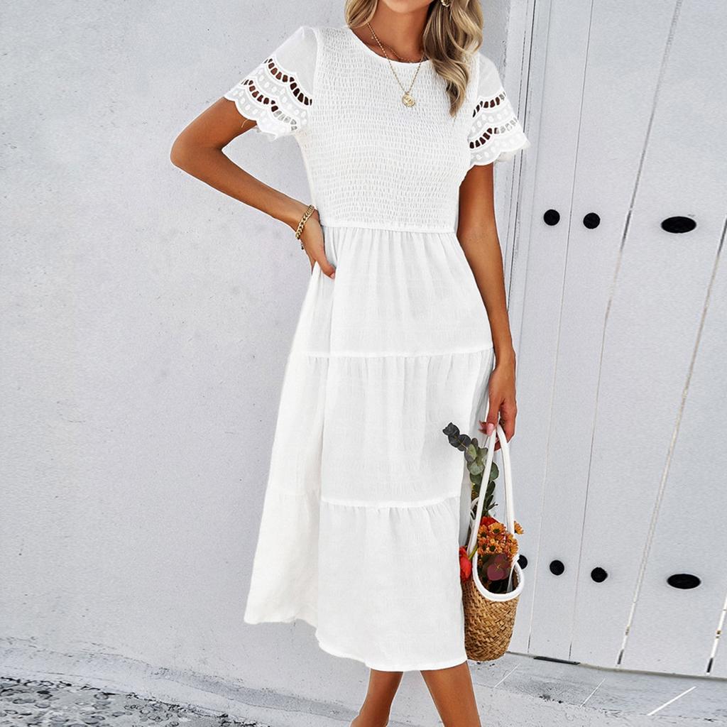 Женское модное однотонное платье свободного кроя с круглым вырезом и короткими рукавами