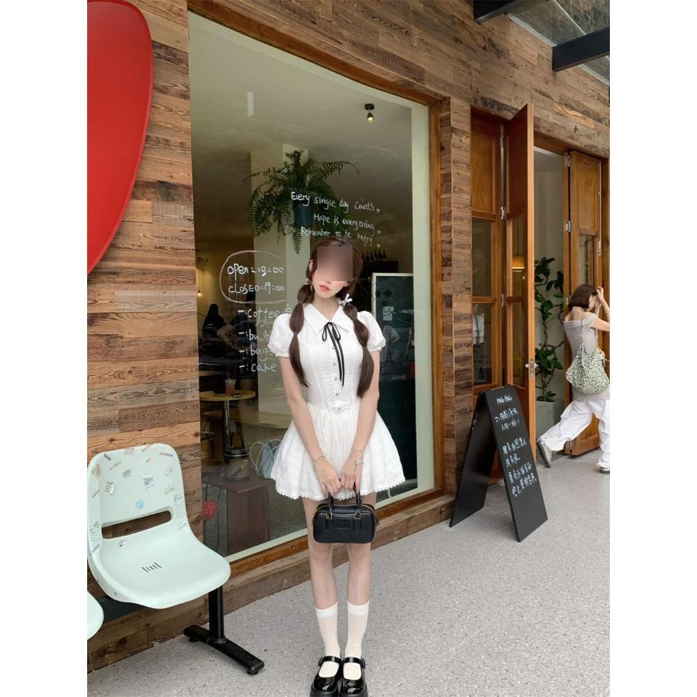 Преппи стиль белое платье-рубашка темперамент со сладкой и красивой талией и короткой юбкой женский новый летний повседневный