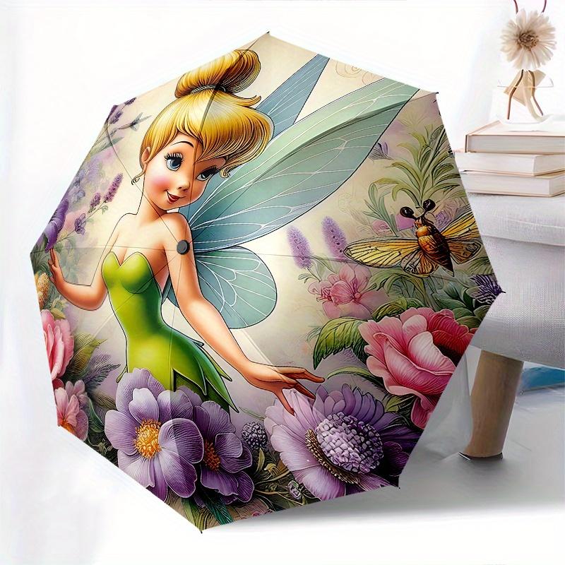 Disney Tinker Bell, Flowers Automatic Open/Close Umbrella - Cute Umbrella with Cute Design, Portable 3-Fold Compact Umbrella for Men & Women