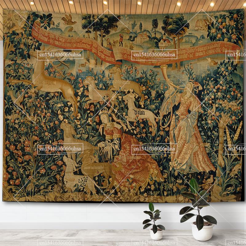 Medieval Unicorn Tapestry Wall Hanging For Home Decor Paintings Retro Hippie Tapestries Aesthetic Background Yoga Meditation
