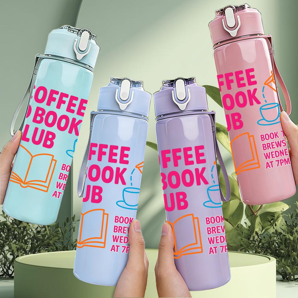 1PC Coffee Book Club Text Graphic,750ml Color Plastic Sports Water Bottle,Leakproof Flip Straw Lid,Suitable for Sports Office Home Use