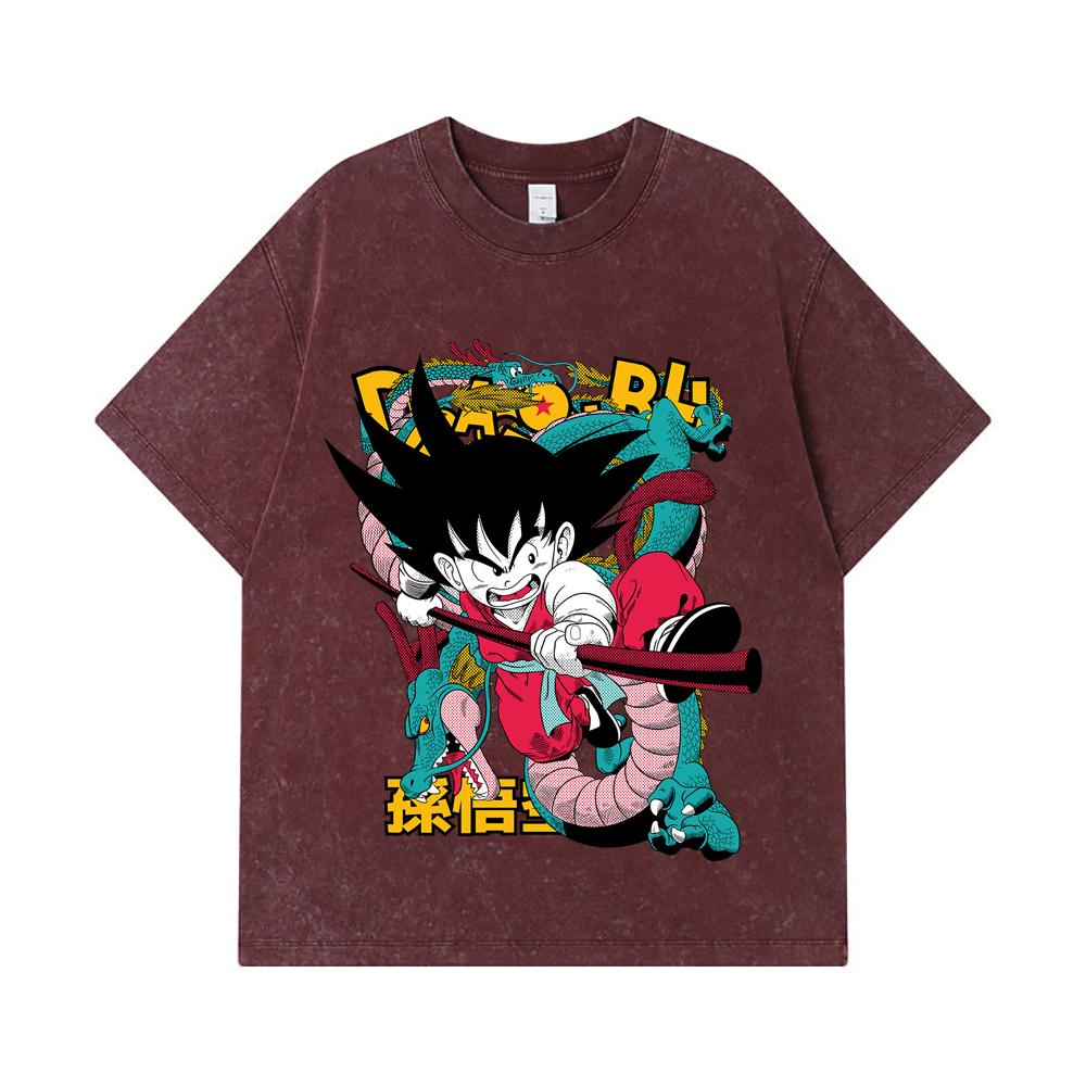 275 GSM Washed T-shirts 100% Cotton Dragon Ball V35 Goku Print Unisex Heavy Cotton T Shirt