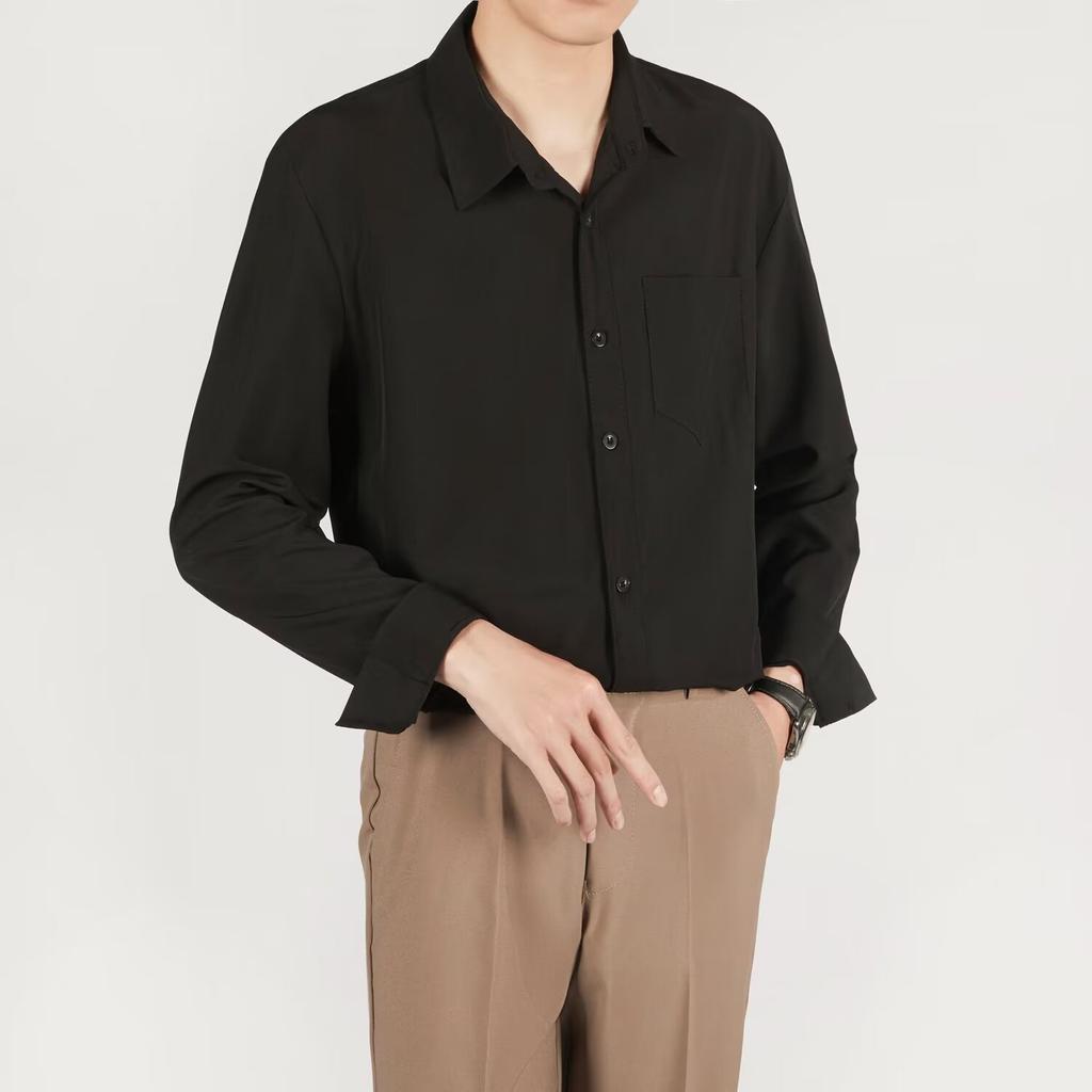 High End Casual Solid Color Long Sleeved Shirt No Ironing Loose Hanging Feeling Shirt Men's Handsome Top