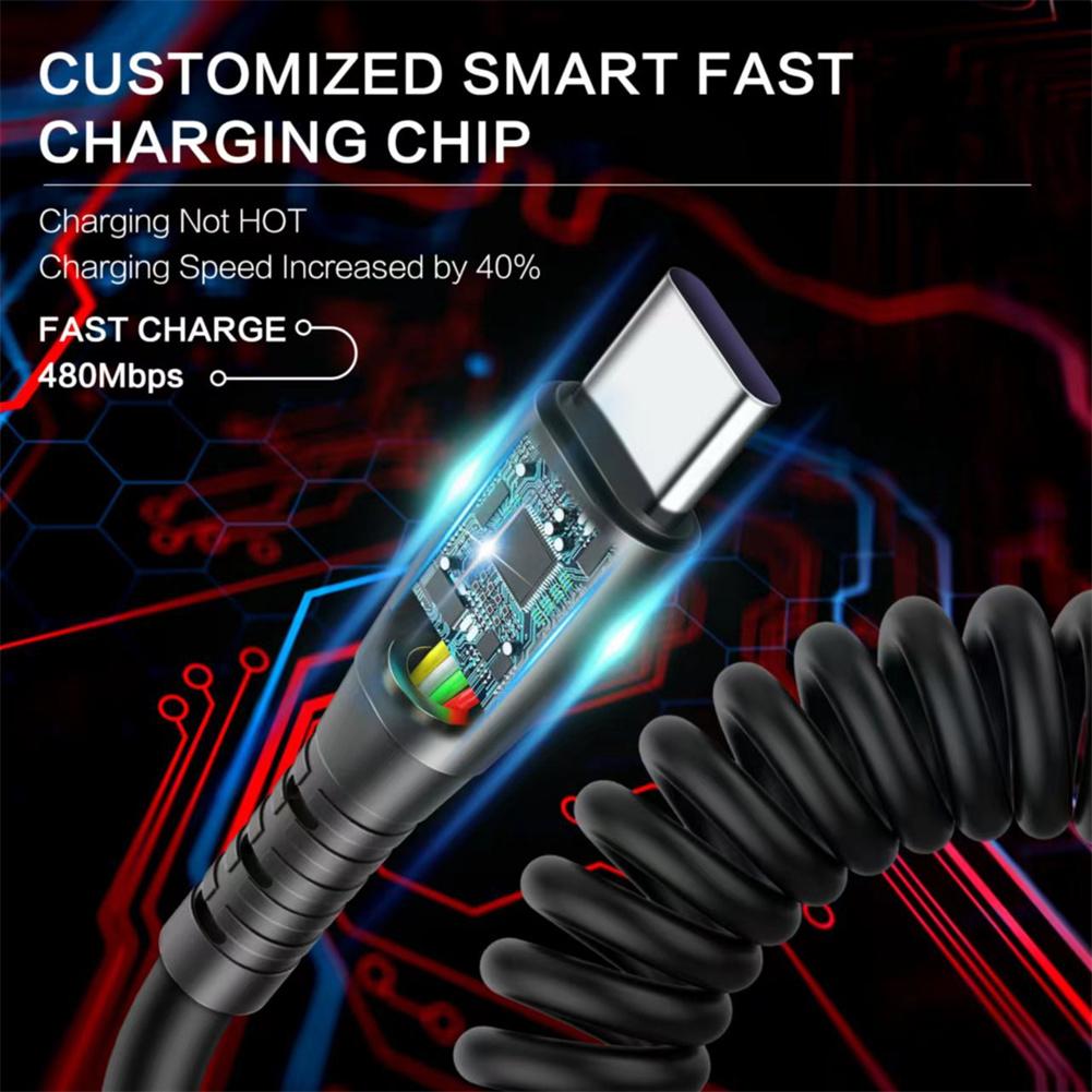 USB Charging Cable Spring Coiled USB To Type C Extension Cord Fast Charging Cable Type C Charge Cable For Tablet Phones Laptop