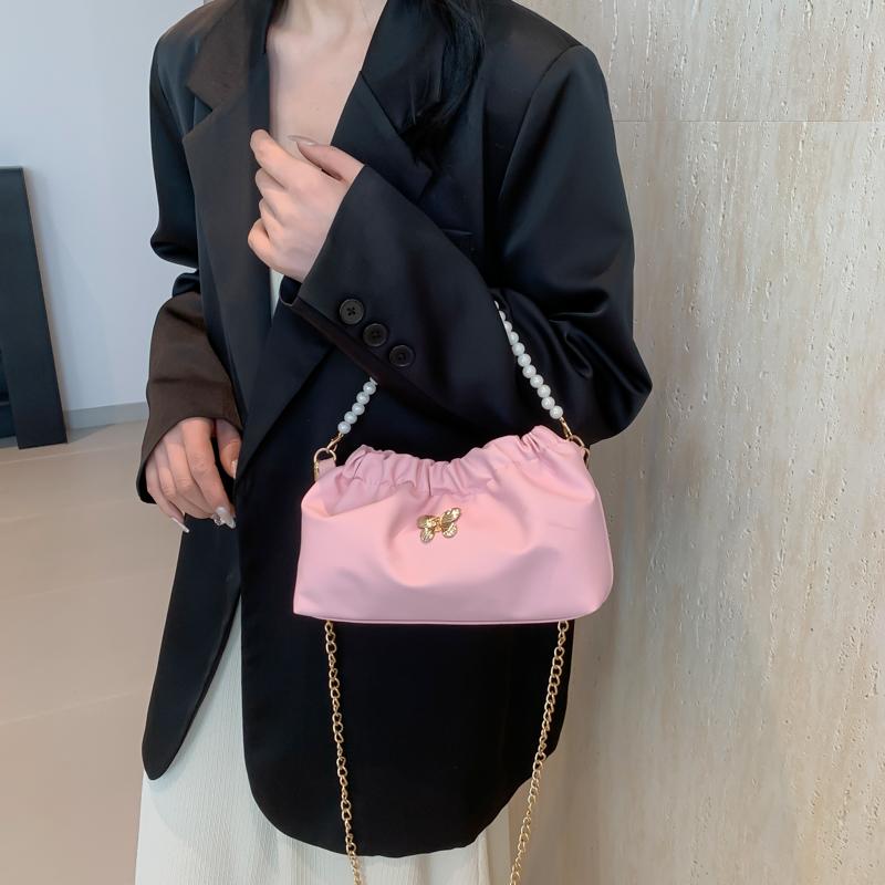 Женская сумка-бабочка из искусственной кожи, плиссированная сумка-тоут с жемчугом и цепочкой, элегантная сумка, большая вместительная однотонная сумка для вечеринки и отдыха