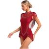 Womens Sparkly Rhinestones Dance Leotard Mock Neck Sleeveless Sheer Mesh Patchwork Tassel Skirted Bodysuit
