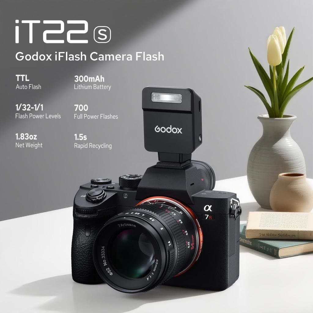 Godox TTL Mini Flash Camera Flash for Sony Intuitive Recycle Approximately 700 Flashes at Full Compact Black iT22-S Cameras Display, 1.5-second Time,