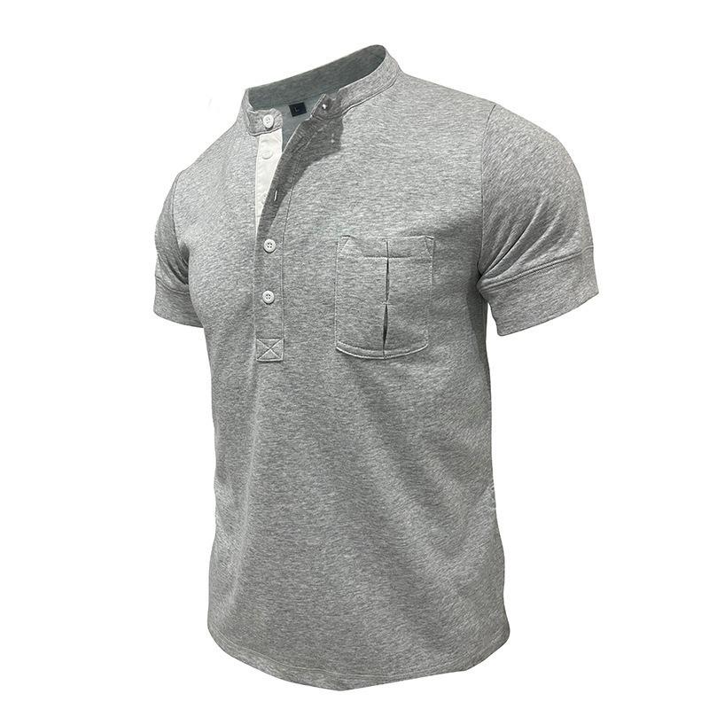 Men Black Stand Collar Henley Neck Short Sleeve T Shirt With Chest Pocket Casual Summer