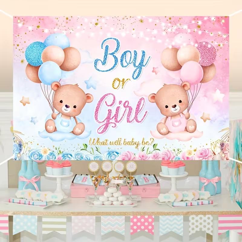 Blue Pink Floral Gender Reveal Backdrop with Teddy Bears and Glitter Stars for Photoshoot