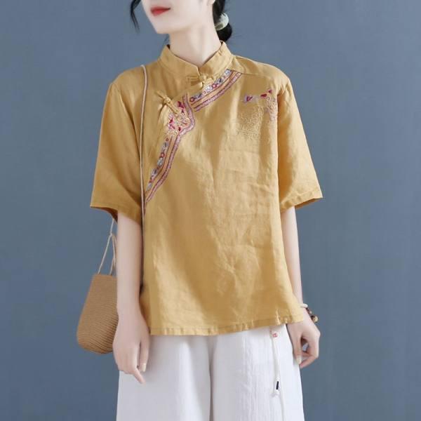 Летняя женская рубашка в национальном стиле с вышивкой из хлопка и льна с коротким рукавом в стиле ретро