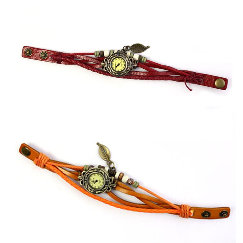 Womens Weave Wrap Bracelet Watch Quartz Leather Leaf Beads Wristwatch Fashion