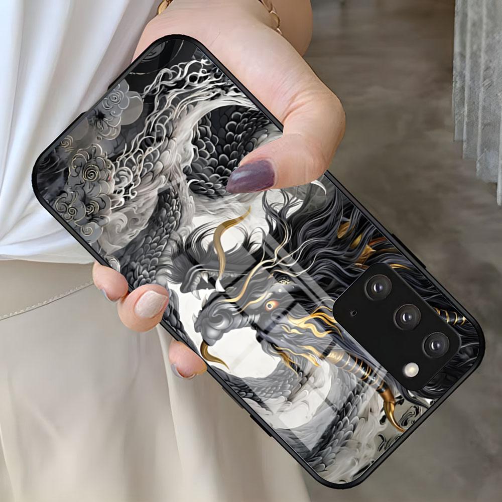 Чехол для телефона Арт Дракон для Samsung S26 S25 S24 FE S23 S22 S21 Plus S20 Ultra Note20Ultra Черная Стеклянная Крышка