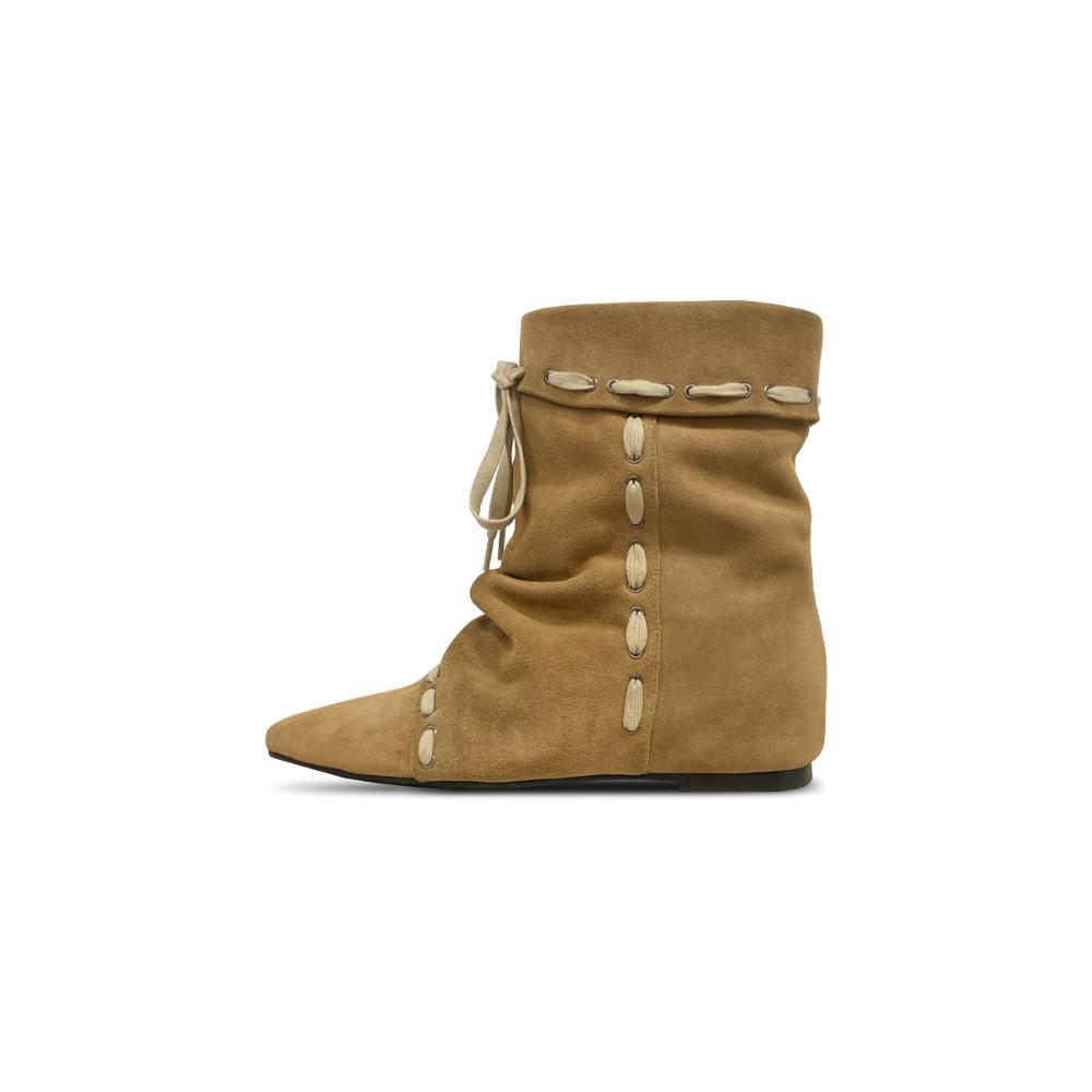 Модные ботильоны на шнурке, плиссированные, с острым носом, из замши, без застежки, увеличивающие рост, женские, в стиле вестерн, ковбойские