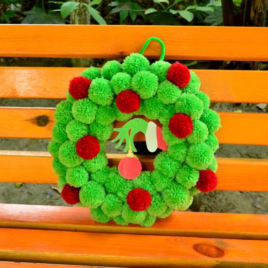 13 Inch Christmas Green Elf Wreath for Front Door Plush Pompom Ball Wreath with Wooden Elf Hand for Winter Wall Window Fireplace Door Tree Decor