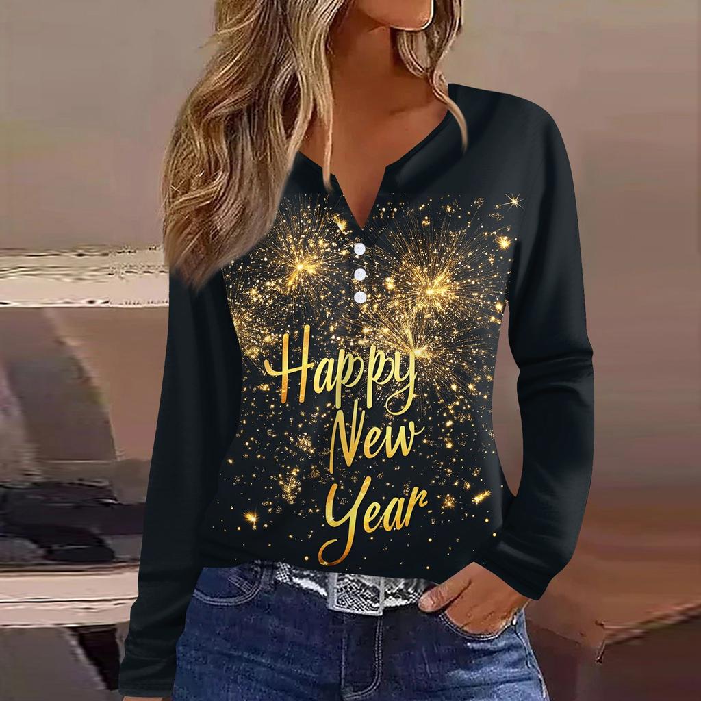 Жен. Футболка Футболка С принтом Пуговицы Длинный рукав Повседневные Выходные Мода Классический V-образный вырез Обычный Верх