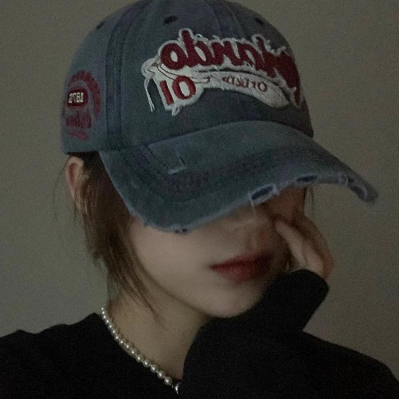 American retro distressed washed ripped denim wide-brimmed fashion casual versatile black printed hat