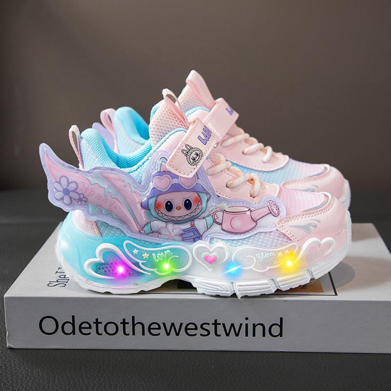 Labubu girls' sports shoes new autumn children's princess dad shoes with lights, breathable mesh shoes for girls