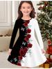 Girls' Autumn and Winter Fashion Dress, 3D Flower Print Round Neck Long Children's T-shirt Dress, Casual Versatile, Christmas Clothing