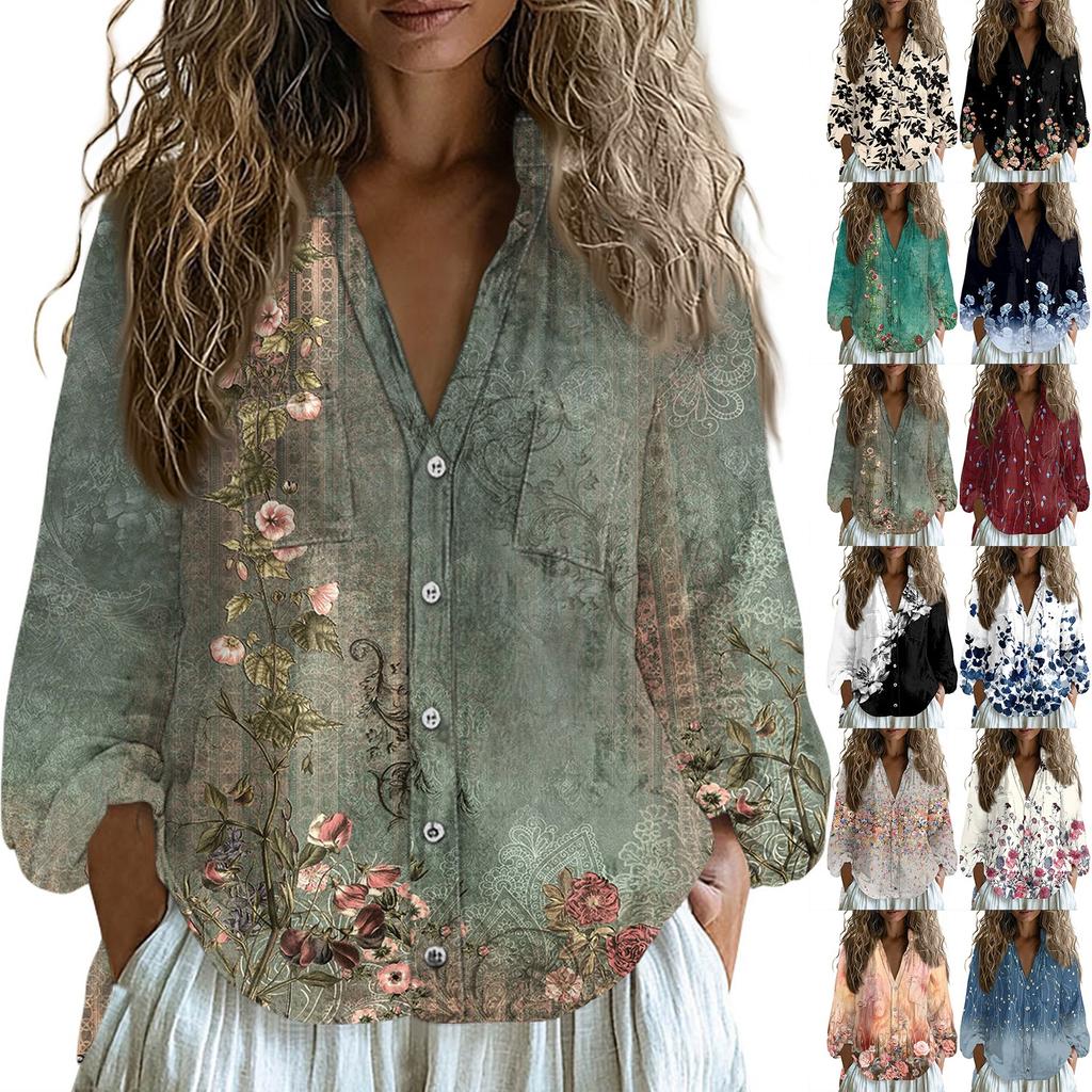 Women Cotton Linen Tops Long-sleeved Shirts Loose V-Neck Boho Tees Vintage Blouses