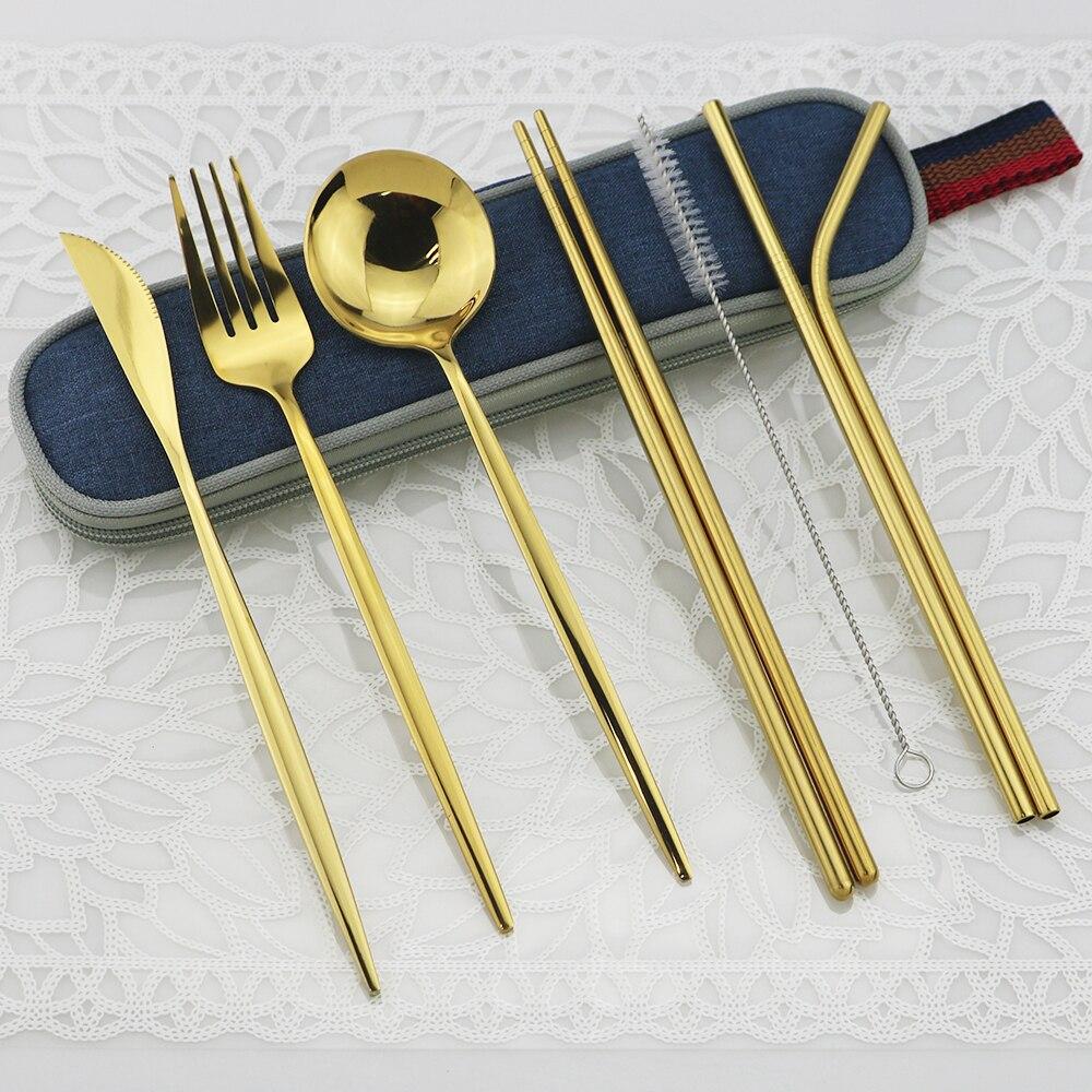 8 шт. портативный блестящий золотой дорожный набор столовых приборов с портативной синей сумкой, набор столовой посуды из нержавеющей стали, ложка, вилка, нож, набор столовых приборов с палочками для еды, соломинка