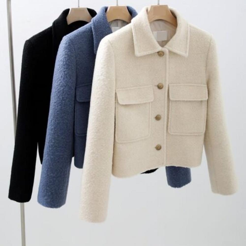 Style Latte Winter Wool Tweed Jacket Big Pocket Collar Neck