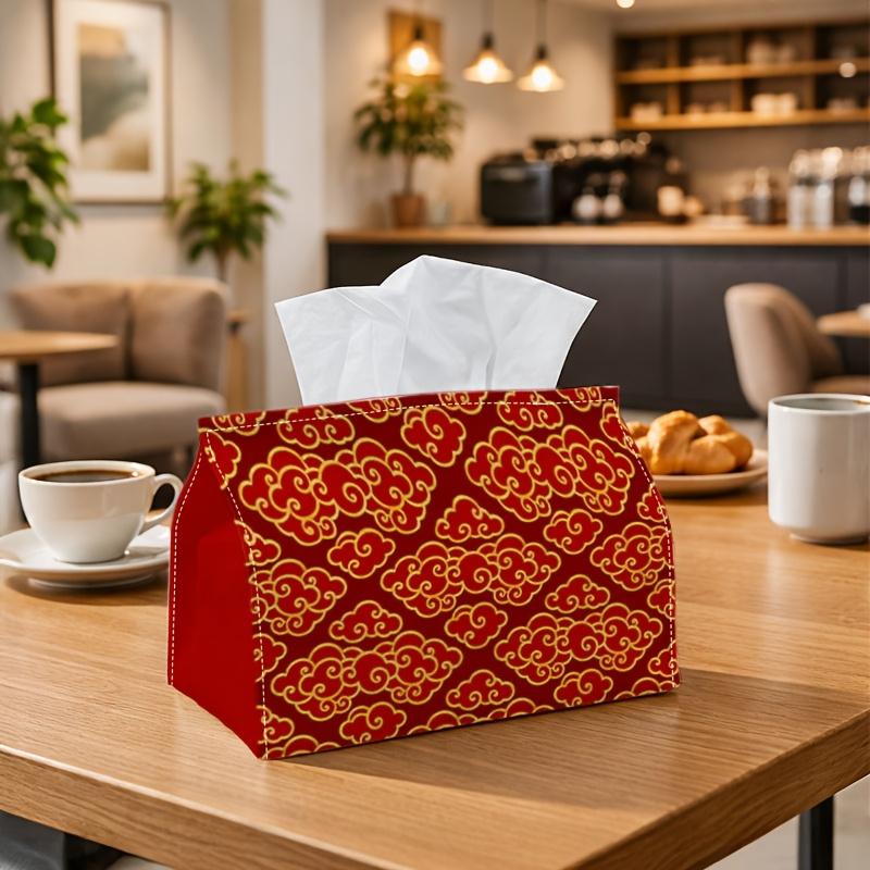 One Decorative Tissue Holder Featuring an Asian-Inspired Design with Red Clouds And Golden Accents, Crafted from Durable Polyester Fabric. Ideal for U