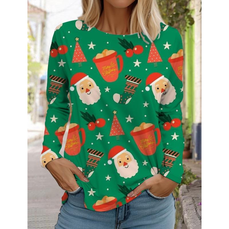 Женская футболка с длинным рукавом и рождественским принтом оленей, спортивный повседневный милый полиэстер с круглым вырезом и длинным рукавом