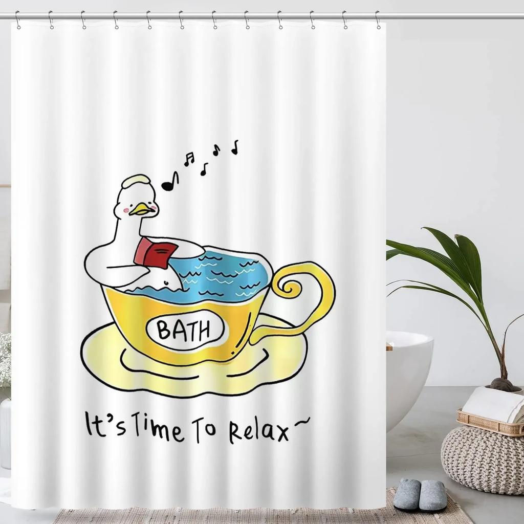 Duck Shower Curtain Cartoon Character Taking A Bath Colorful Drops Backdrop Dots,Cloth Fabric Bathroom Curtains with Hooks