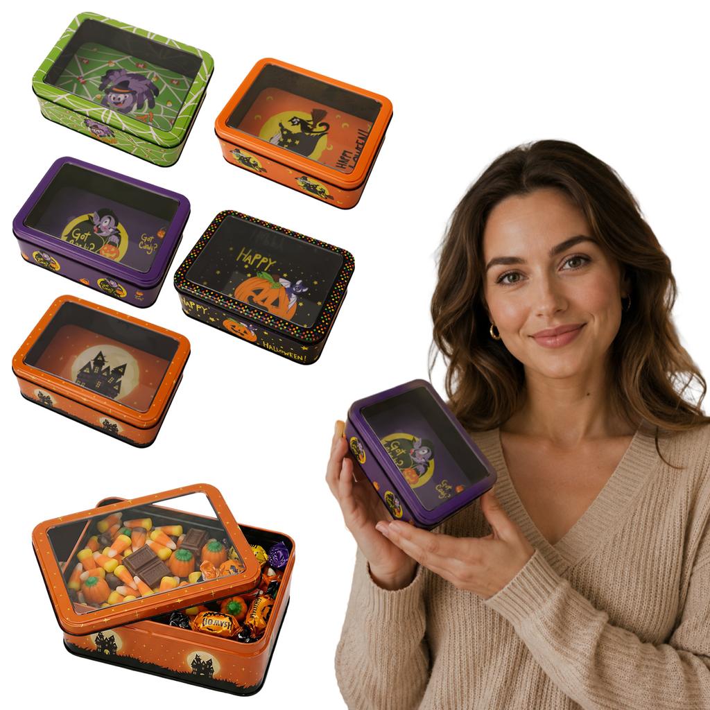 Rectangular Metal Tin Box with Transparent Lid for Candy Cookie Storage and Holiday Decorative Use Halloween Theme Design
