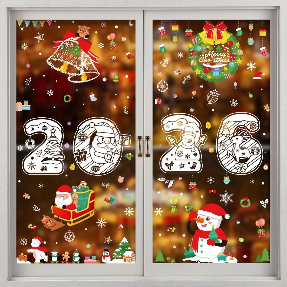 2026 Christmas Window Sticker Santa Claus Pattern Elk Snowman Design Festival Party Sticker Snowflake Motif