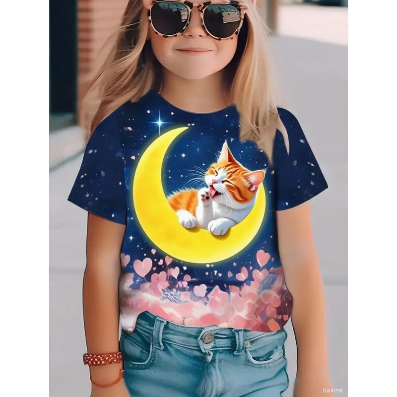 Летний топ с круглым вырезом и 3D-принтом кошки, модная повседневная футболка с коротким рукавом для детей, девочек