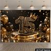 2D plane 15th birthday party banner background - Black and gold luxurious theme featuring a 15-digit engrained with diamonds