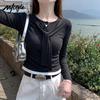 MJ STYLE Женская модная темно-синяя воротниковая футболка с длинным рукавом, облегающая