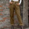 Fashion High-waist Solid Straight Pants Autumn Winter Office-lady Casual Corduroy Loose Fit Womens Trousers With Pockets 30457