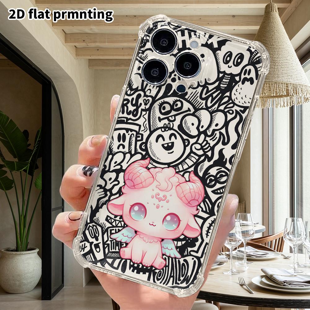 Phone Case: 2D flat suitable for iPhone 18 17 16 15 14 13 Pro, transparent four corner protective case, cute pink little sheep, Christmas and Hallowee