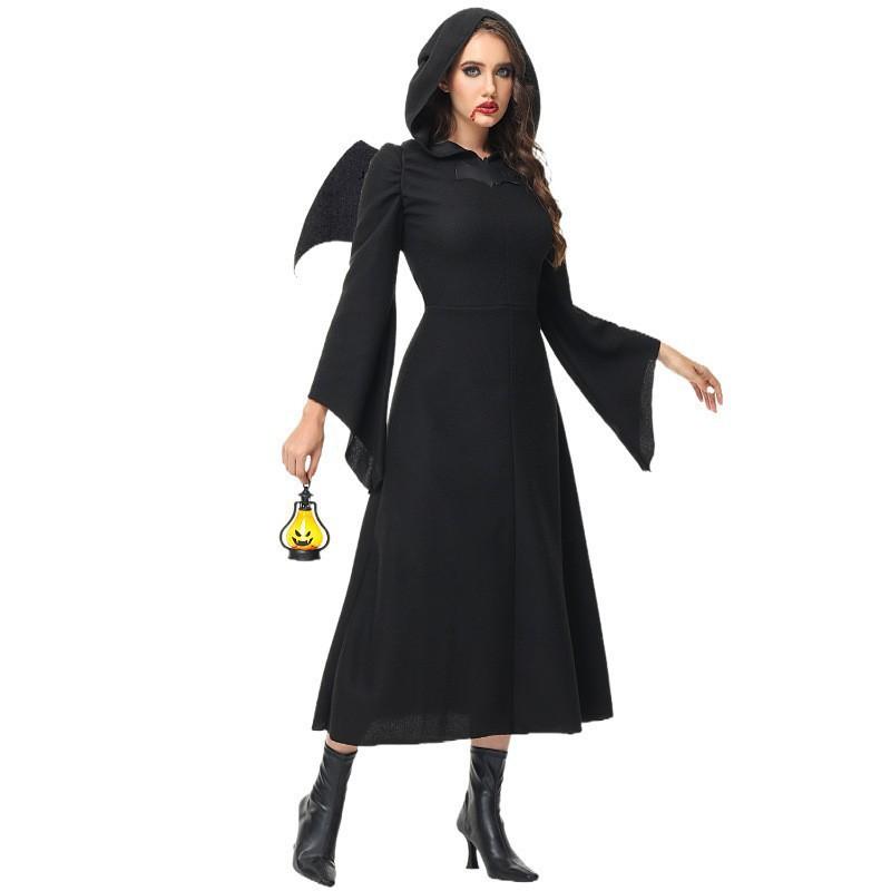 Adult Womens Halloween Demon Witch Costume Long Black Dress Set Role Play