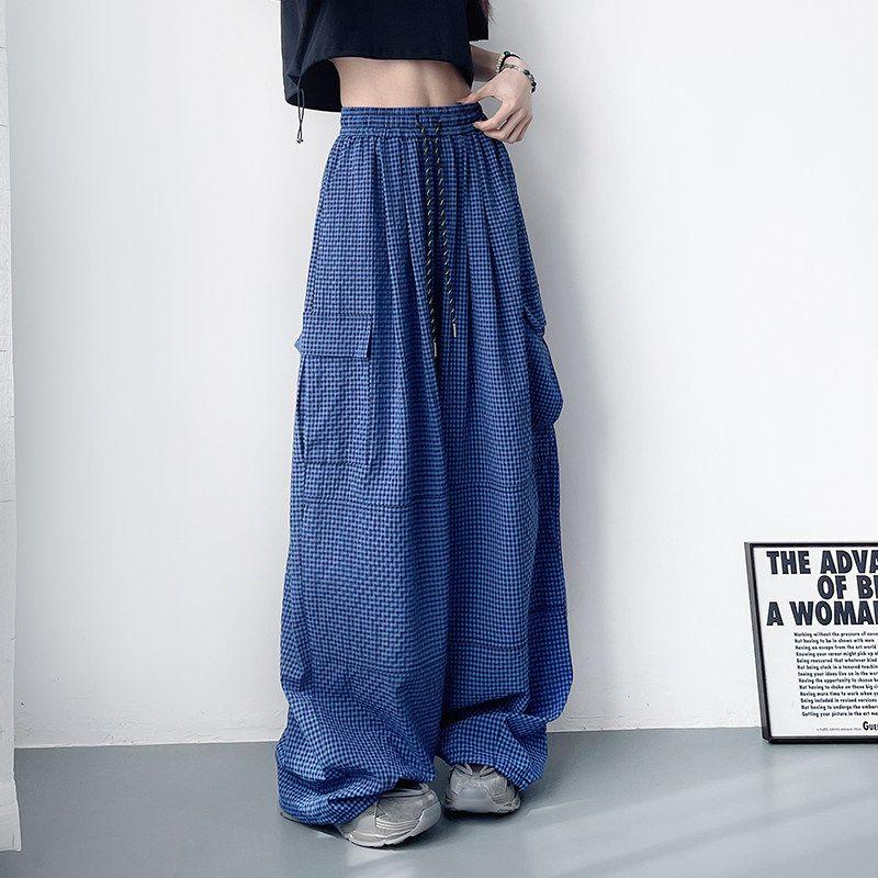 Plaid Cargo Pants for Women, Summer Thin Style, Plus Size, Slimming, Drapey, Lightweight, Quick-Dry, Dance Sports Ice Silk Wide-Leg Pants