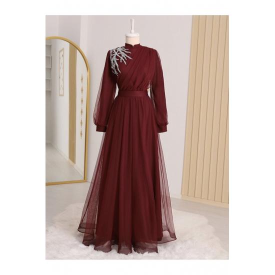 Женское вечернее платье из тюля в стиле хиджаб с драпировкой и поясом