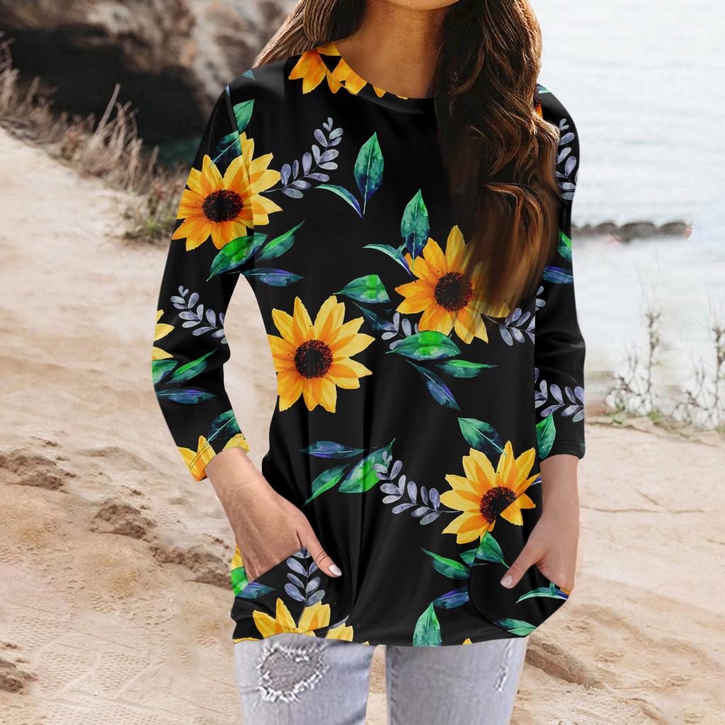 Women's Fashion Casual Round Neck Print 3/4 Sleeve Pocket T-Shirt Top
