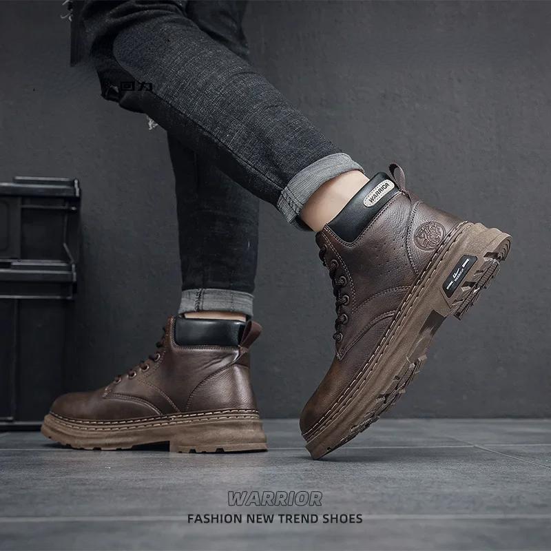 Ботинки из натуральной кожи для мужчин, мотоциклетные ботинки, трендовые ботильоны, высокие мужские ботинки в британском стиле в стиле ретро, новинка 2024 года, мужская обувь для активного отдыха