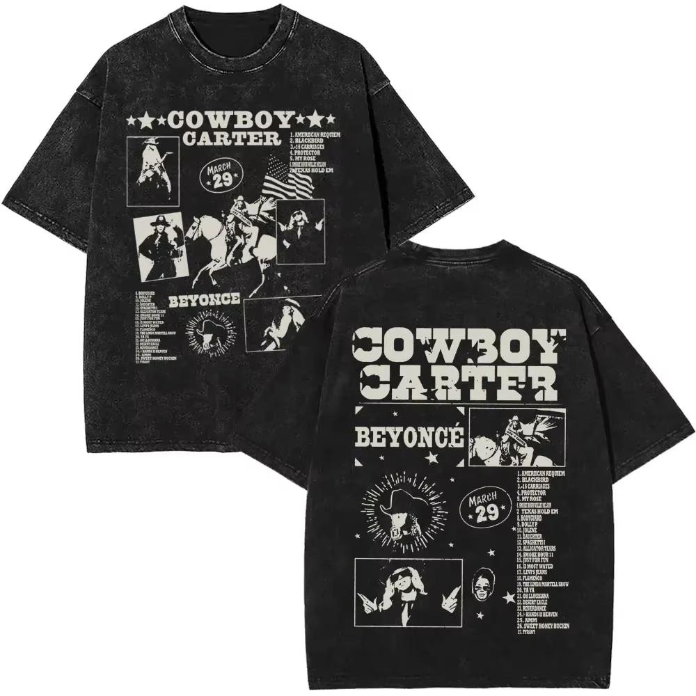 Singer Beyonce Pop Music Album Logo Washed Tshirt Cowboy Carter T Shirts Men Vintage Oversized Tee Shirt Casual Cotton Tshirts