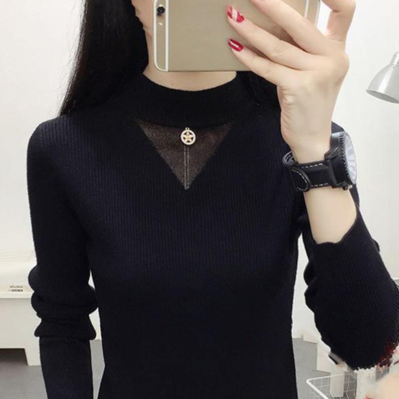 Women Semi-high Neck Slim Sweater Korean Version of The Knitted Bottoming Sweater Hollow Mesh Sweater Autumn and Winter