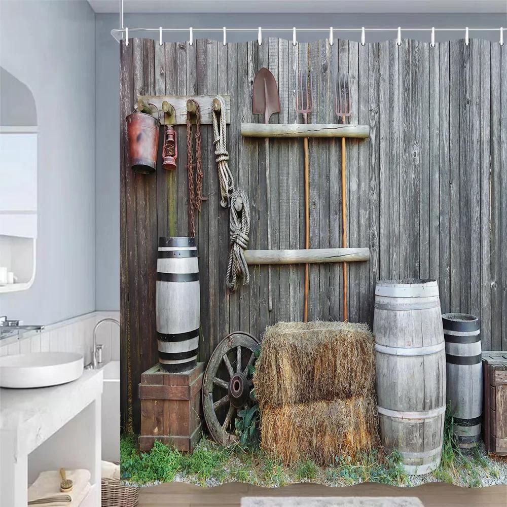 Занавески для душа в деревенском стиле с изображением деревянной двери, амбарное колесо, зеленое растение, серая доска, занавеска для ванной, полиэстеровая ткань, декор для ванной комнаты с крючками