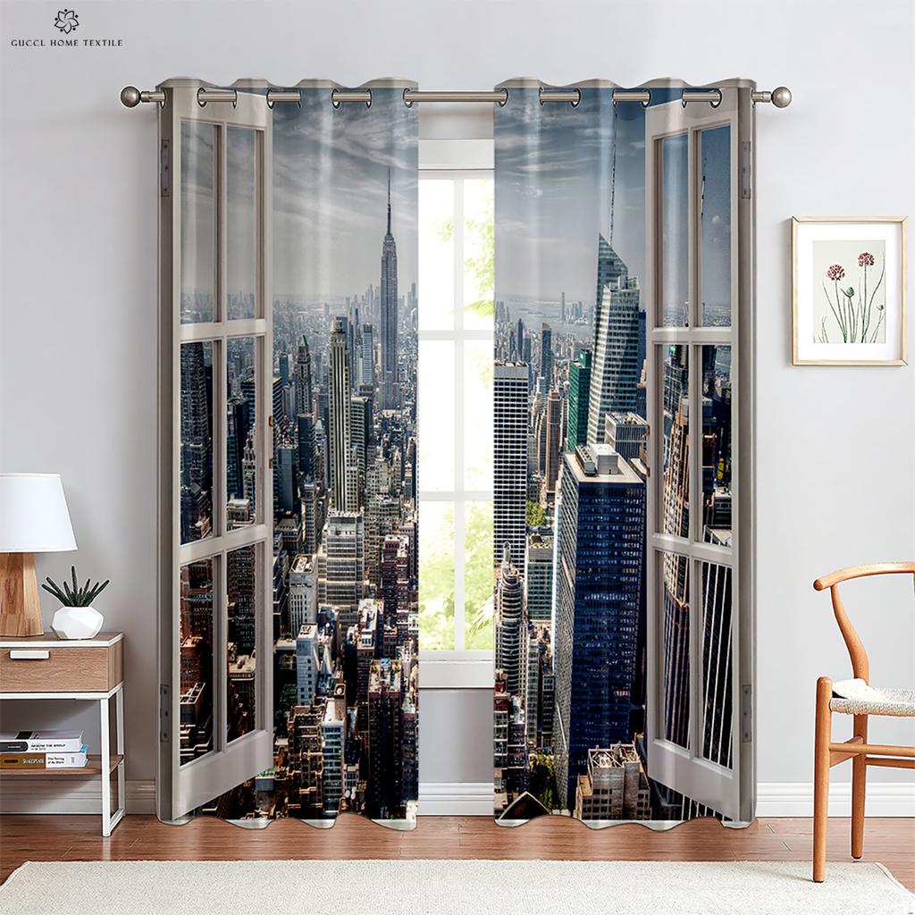 Real Effect 3D Printed Curtains, Curtains with Seaside Scenery, Blue Sky Pattern, Outside the Window Window Decoration