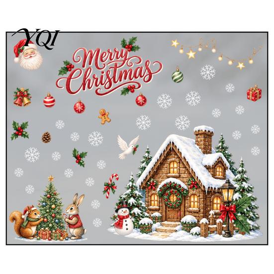 Snowflake Decals for Glass Christmas Window Clings, Snowy Village House Xmas Tree Squirrel Rabbit Creative Gifts Sticker, Double-Sided Static