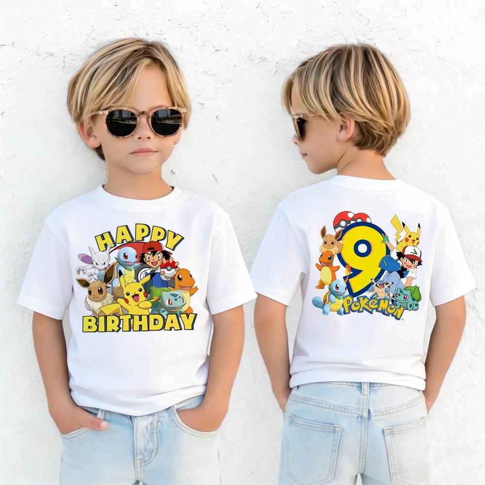 Cute Pikachu Pokémon Birthday Printed Tshirt Unisex Kids 214 Years Old Summer Y2K Harajuku Loose Casual Short Sleeve Top
